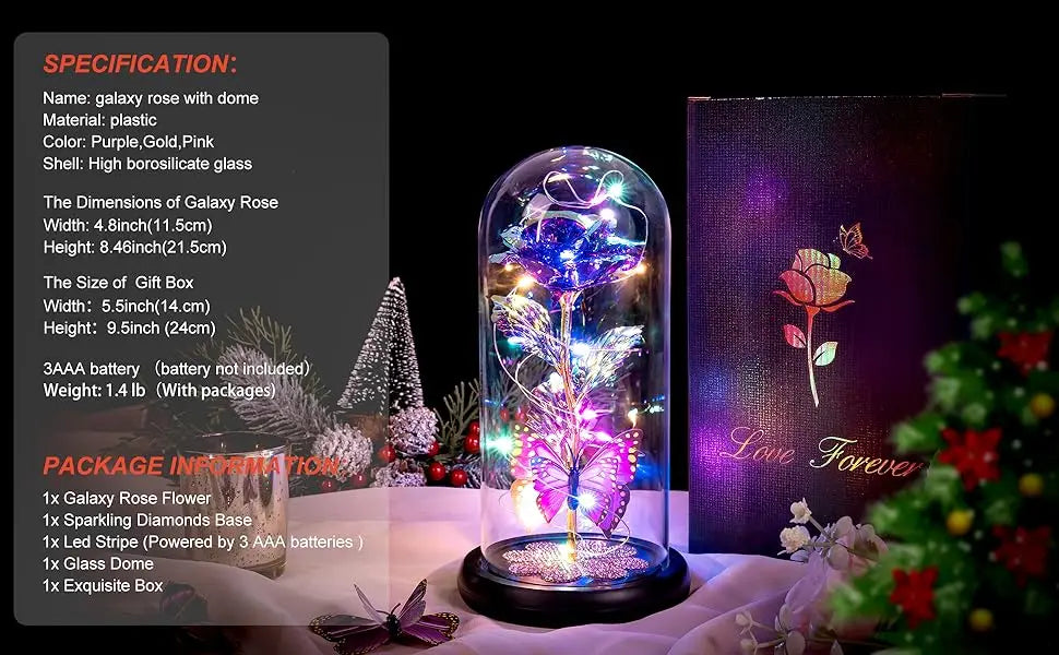 Mothers Day Rose Gifts for Mom, Galaxy Glass Rose Forever Eternal Crystal Flower Light Up Rose in Glass Dome with Butterfly Moth