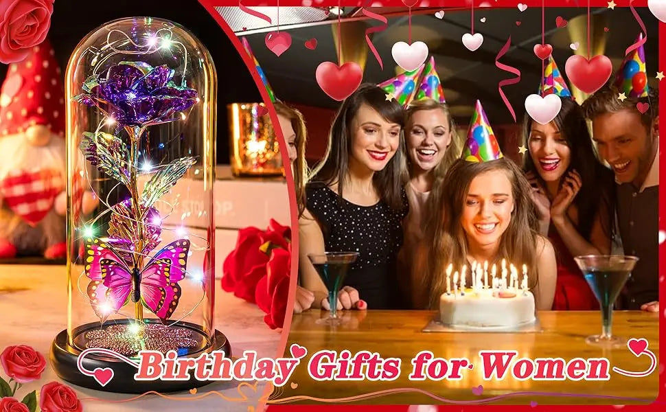 Mothers Day Rose Gifts for Mom, Galaxy Glass Rose Forever Eternal Crystal Flower Light Up Rose in Glass Dome with Butterfly Moth