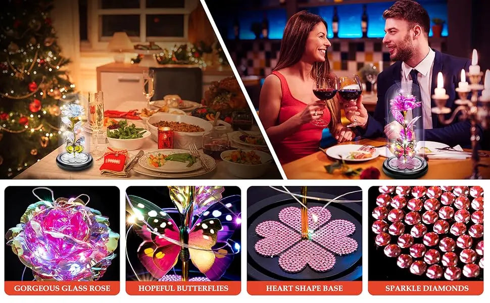 Mothers Day Rose Gifts for Mom, Galaxy Glass Rose Forever Eternal Crystal Flower Light Up Rose in Glass Dome with Butterfly Moth