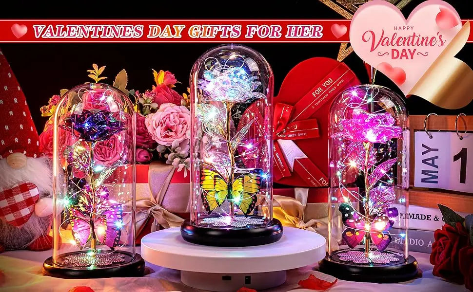 Mothers Day Rose Gifts for Mom, Galaxy Glass Rose Forever Eternal Crystal Flower Light Up Rose in Glass Dome with Butterfly Moth