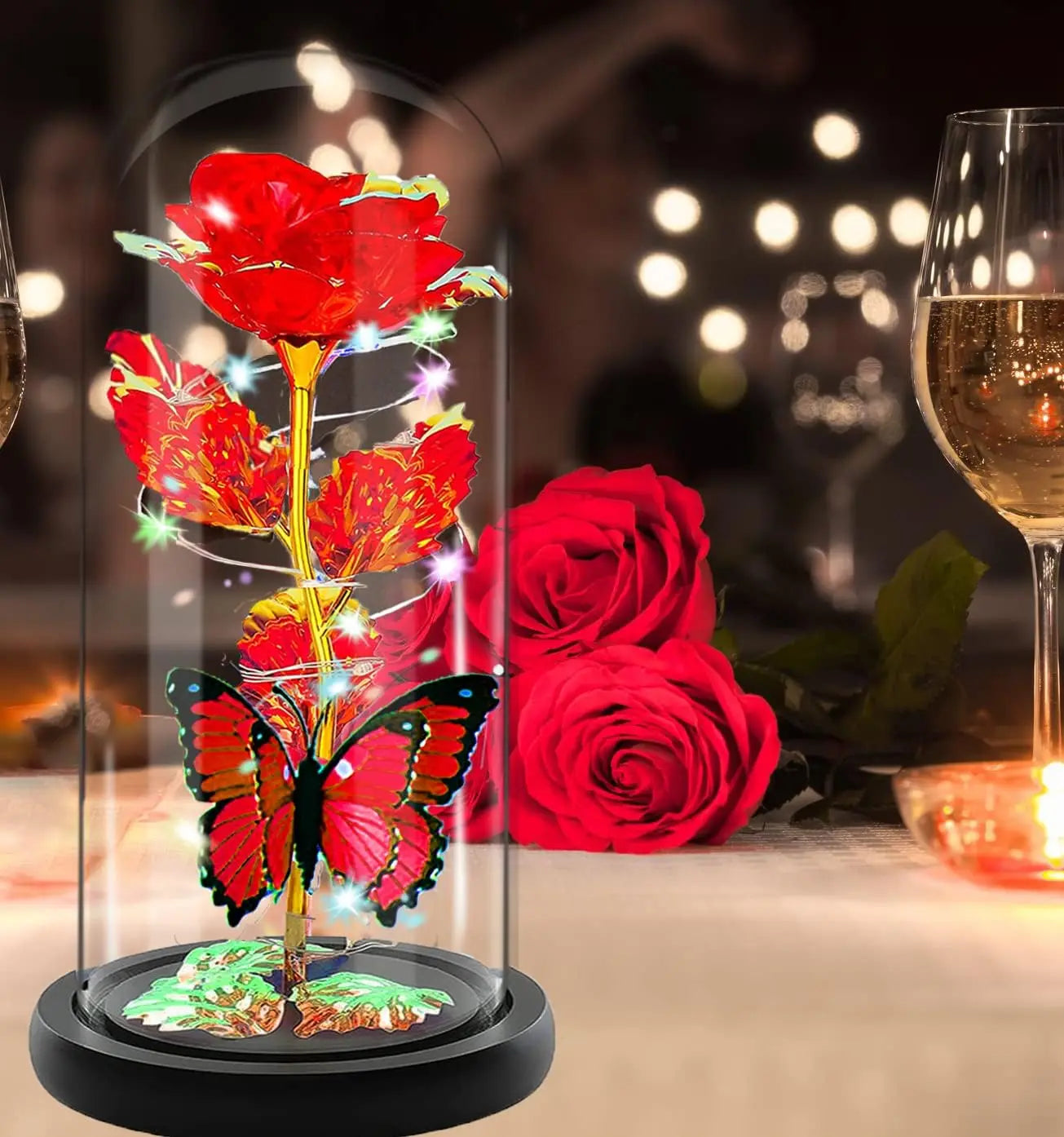 Mothers Day Rose Gifts for Mom, Galaxy Glass Rose Forever Eternal Crystal Flower Light Up Rose in Glass Dome with Butterfly Moth