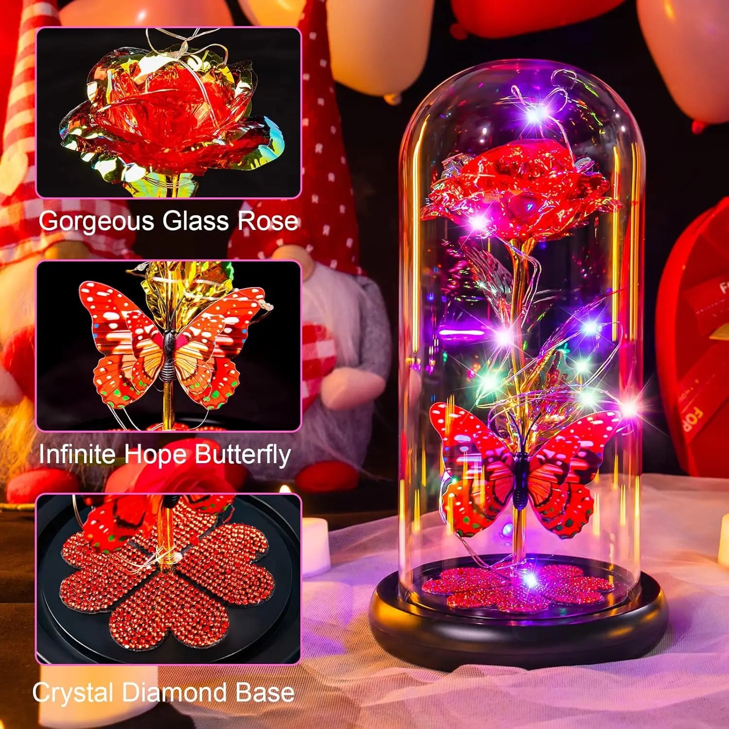 Mothers Day Rose Gifts for Mom, Galaxy Glass Rose Forever Eternal Crystal Flower Light Up Rose in Glass Dome with Butterfly Moth