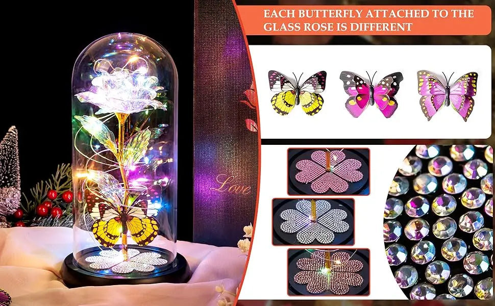 Mothers Day Rose Gifts for Mom, Galaxy Glass Rose Forever Eternal Crystal Flower Light Up Rose in Glass Dome with Butterfly Moth