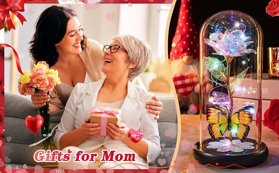 Mothers Day Rose Gifts for Mom, Galaxy Glass Rose Forever Eternal Crystal Flower Light Up Rose in Glass Dome with Butterfly Moth